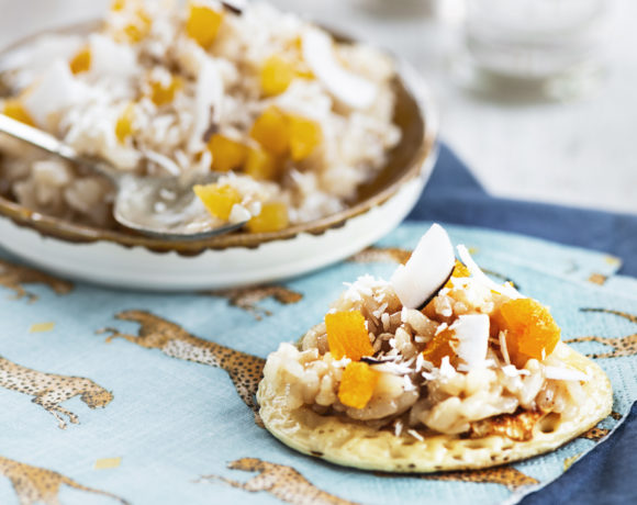 Blinis with homemade rice pudding, apricots and coconut